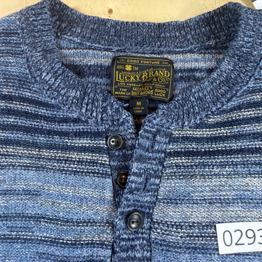 Lucky Brand Mens Medium Space Dye Striped Henley Sweater Blue Cotton Knit - Picture 2 of 5